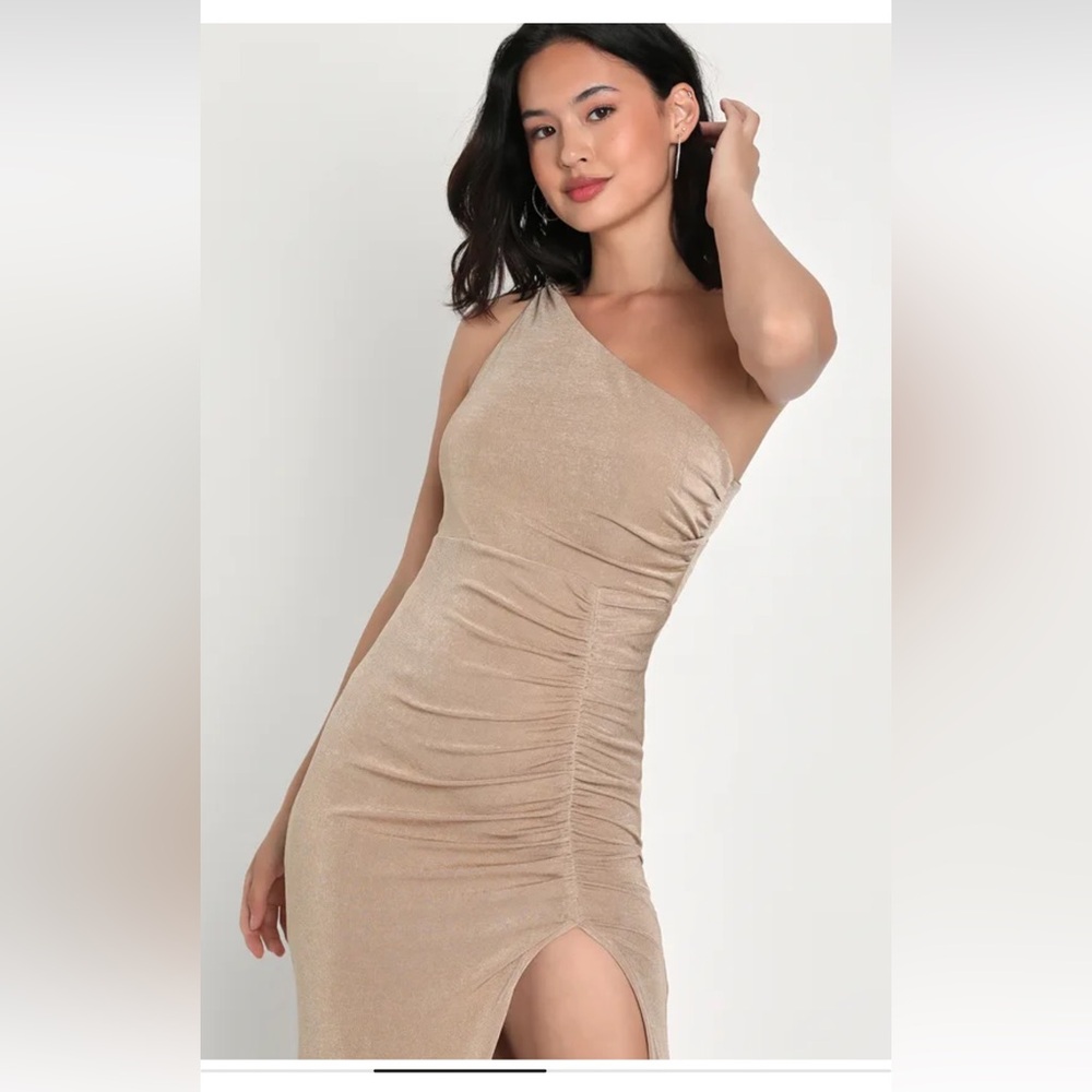 Especially Breathtaking Taupe Ruched One-Shoulder Maxi Dress